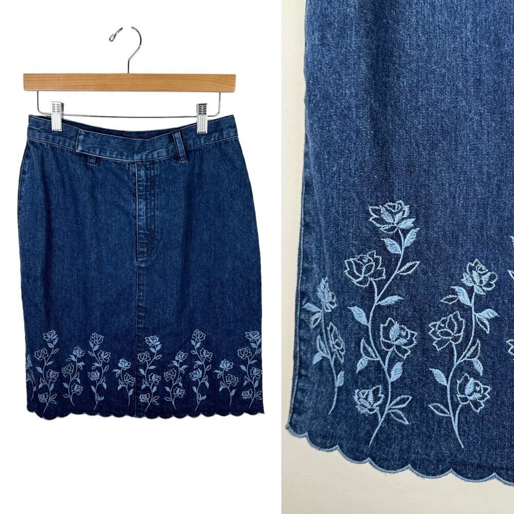 Vintage 90s y2k Liz Claiborne Floral Embroidered Denim Skirt Jean 10P High Rise